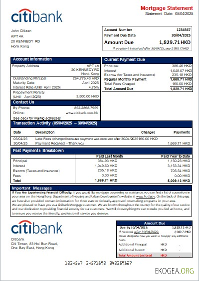 Relevé hypothécaire de la banque Citibank de Hong Kong scr